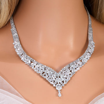 CZ Diamond Gardenia Necklace and Earrings Set, Long Bridal Earrings And Necklace, Statement Earrings Cz Necklace Set.